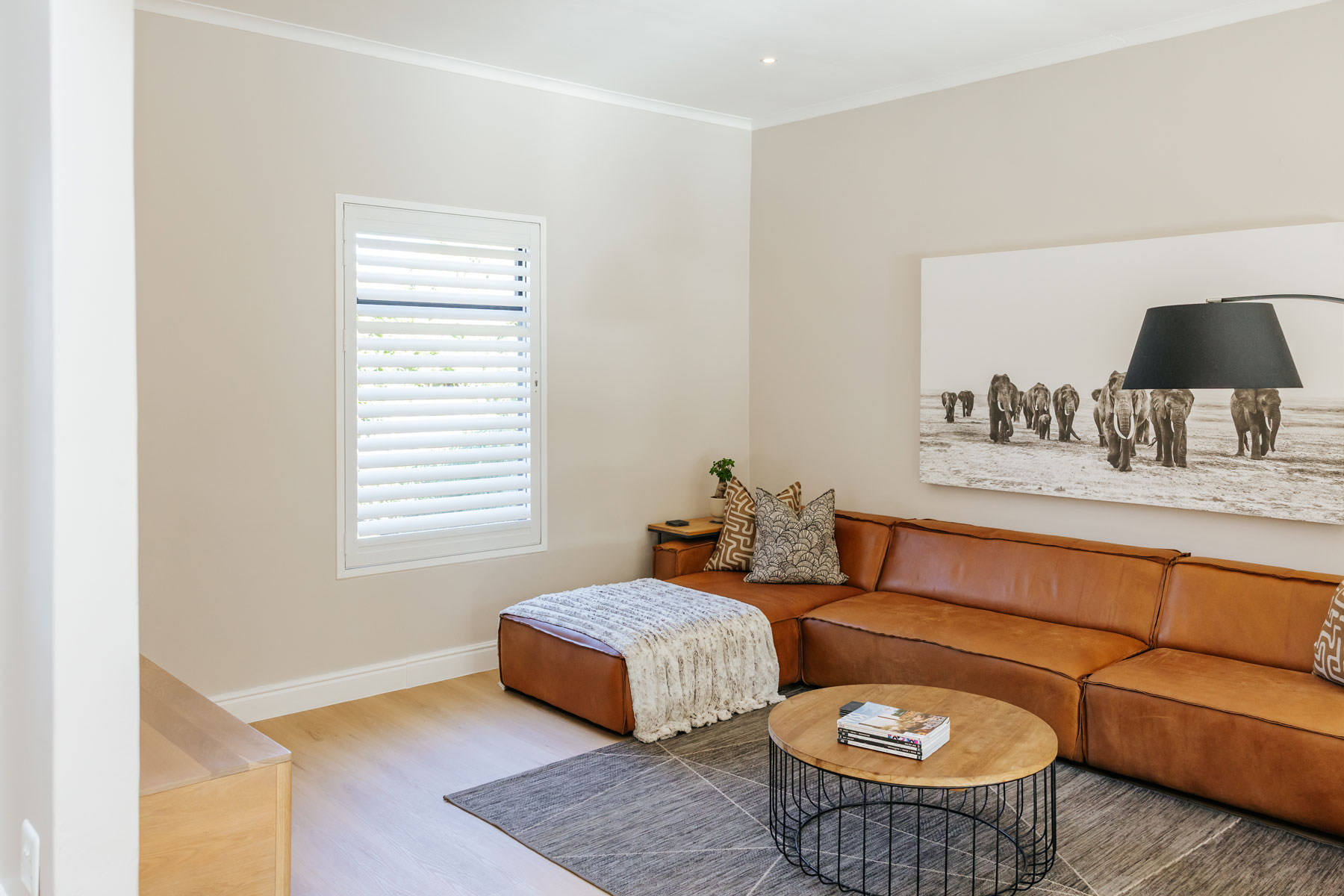 White shutter in a living room with a leather couch